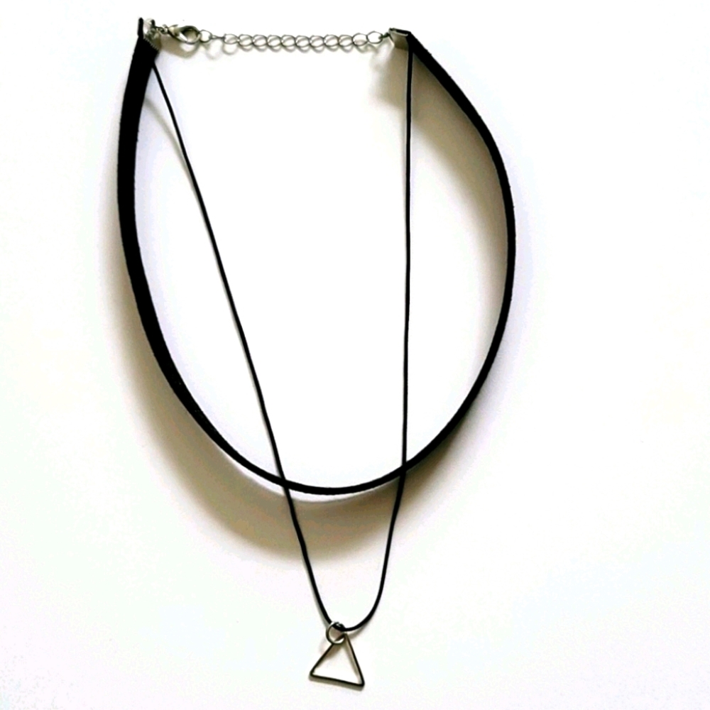 Black Velvet Choker Necklace With Longer Silver Triangle Cord Necklace Attached